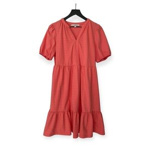 LOFT Coral Red Tiered V-Neck Puff Sleeve Dress